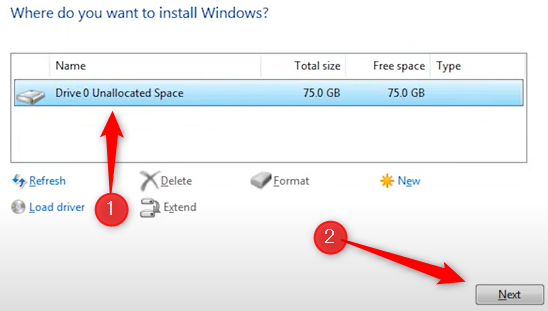 Select drive you want to install Windows on.