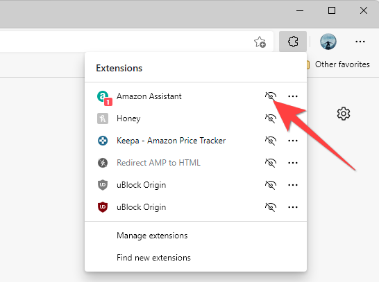 Select the eye-reveal icon to add the extension icon on the Edge browser's toolbar.