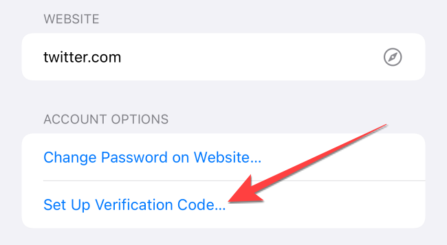 Tap "Set Up Verification Code" under the "Account Options" in the saved passwords window.