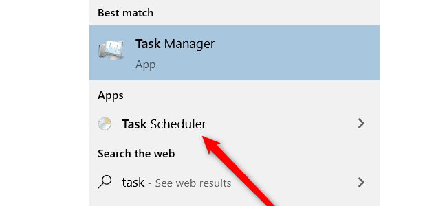 Search results in Windows 10 showing Task Scheduler as an option.