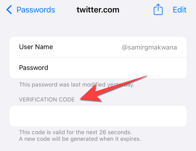 The "Verification Code" section that generates new codes every 30 seconds.