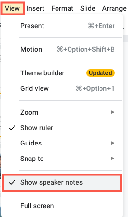 Click View, Show Speaker Notes in the menu