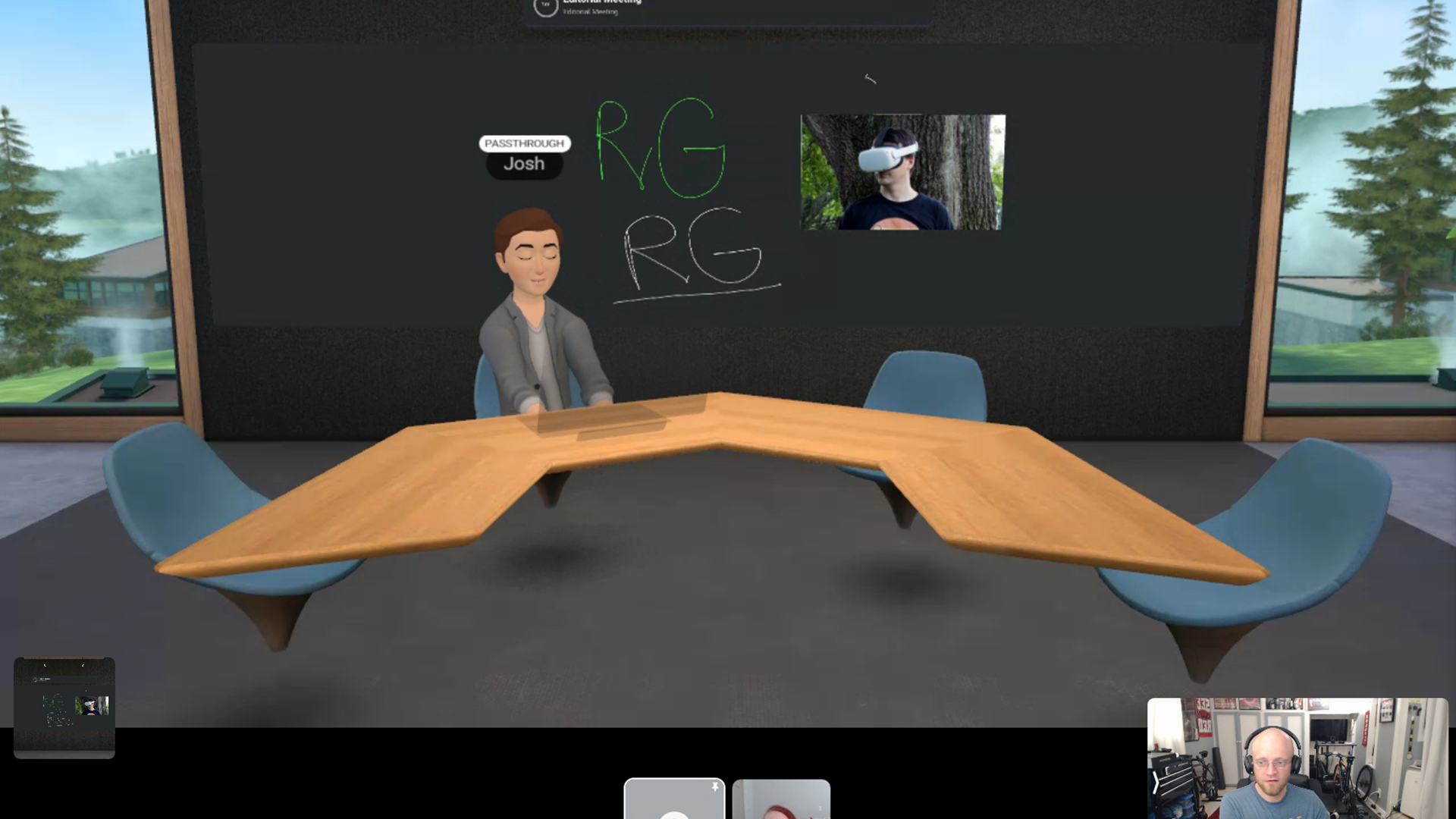 A VR avatar with eyes closed at a desk.