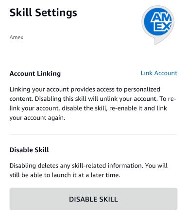 Click disable skill to disconnect your Alexa from your credit card account 