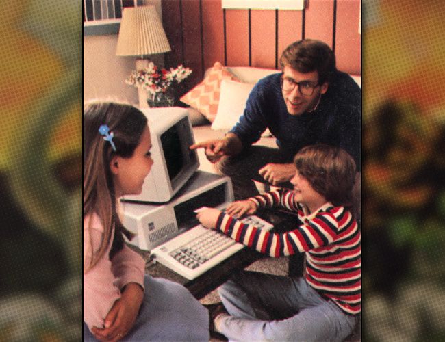 A family with an IBM PC as seen in a 1981 IBM promotional image.