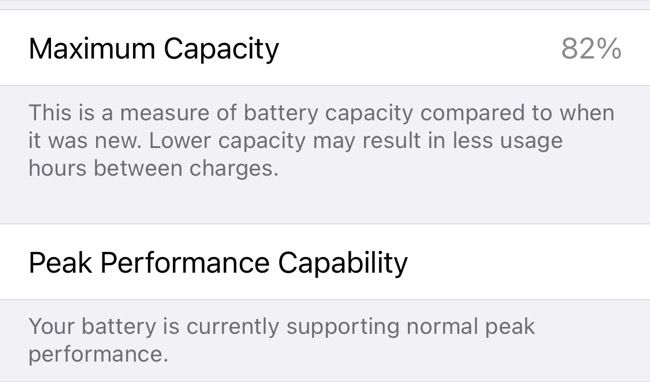 iPhone Battery Capacity in iOS Settings