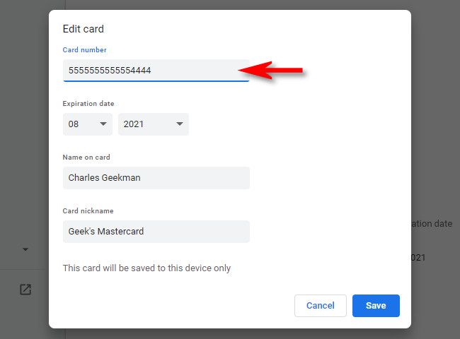 On the "Edit Card" screen in Chrome, you'll see the full credit card info.