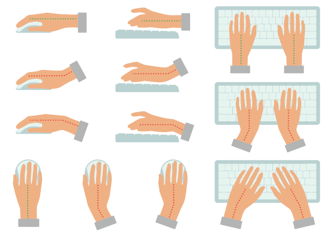Examples of correct and incorrect hand posture for typing