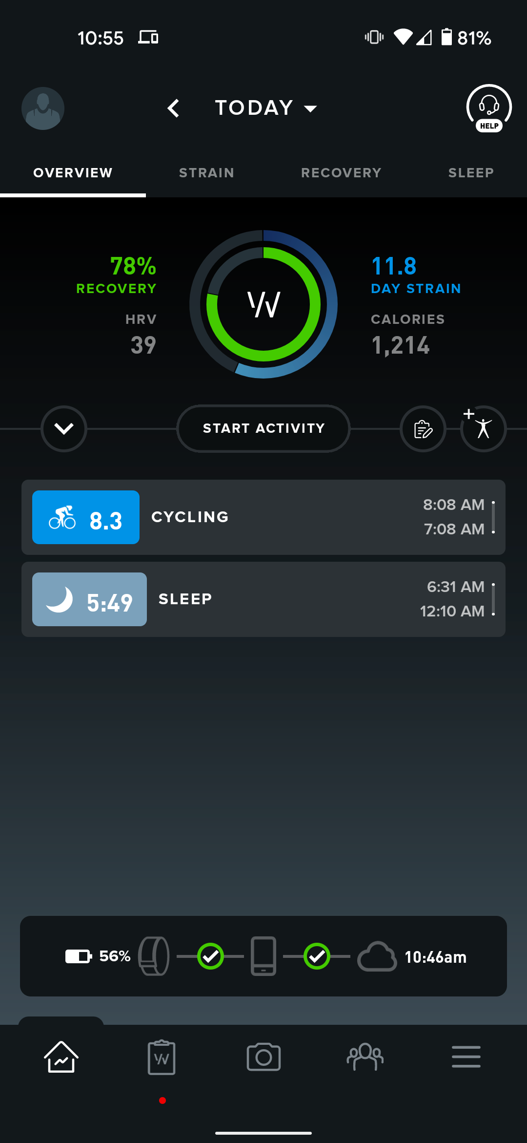 Whoop's main screen, showing a workout, day strain, and sleep