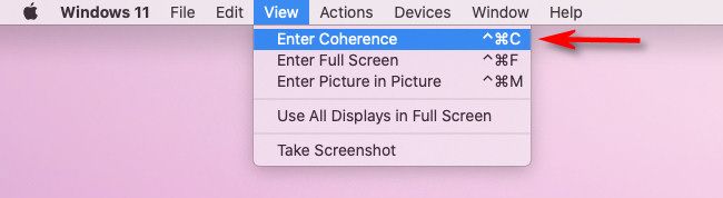In Parallels, select View > Enter Coherence.
