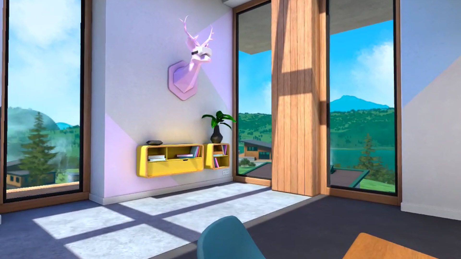 A VR deer head on a wall wearing a VR headset