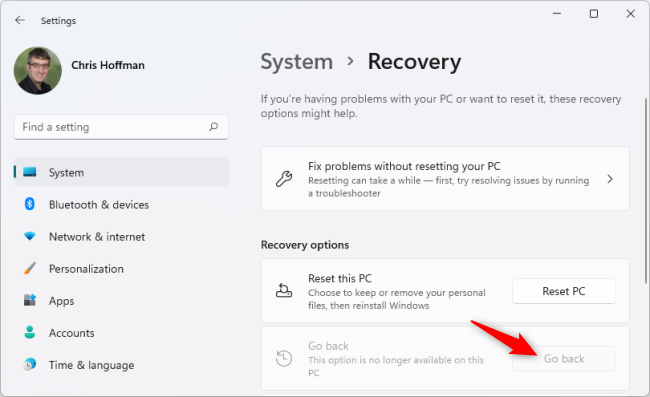 Click &quot;Go Back&quot; under Recovery Options to roll back to Windows 10.