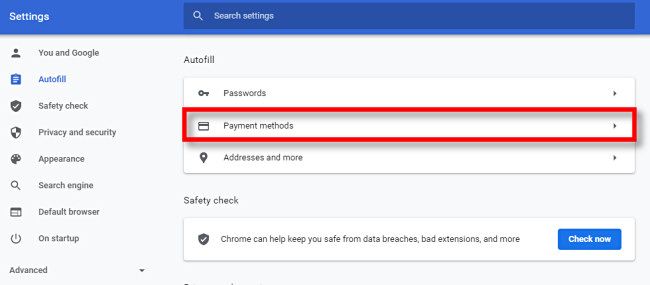 In Google Chrome Settings, click "Payment Methods."