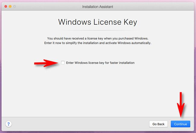 If you don't have a license key, uncheck the box and click "Continue."