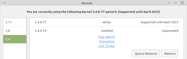 Screenshot of the kernel manager tool in Linux Mint