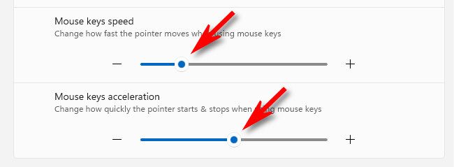 Use the mouse keys speed and accelleration sliders to make the mouse pointer move faster or slower.