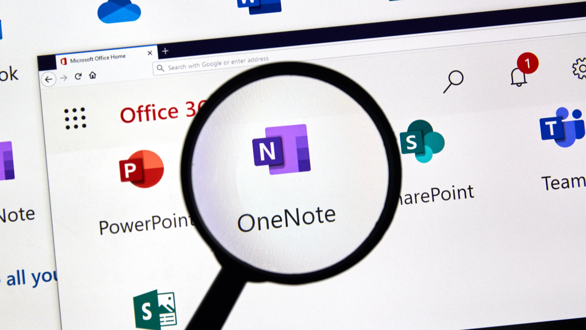 OneNote logo with magnifying glass