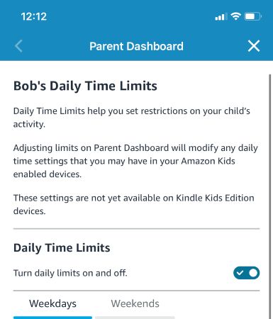 parent dashboard time limits page