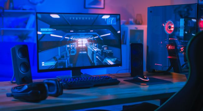 A powerful desktop PC setup in blue and neon lights