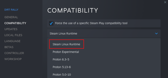 Steam Linux Runtime listed in Steam's compatibility tools for Linux