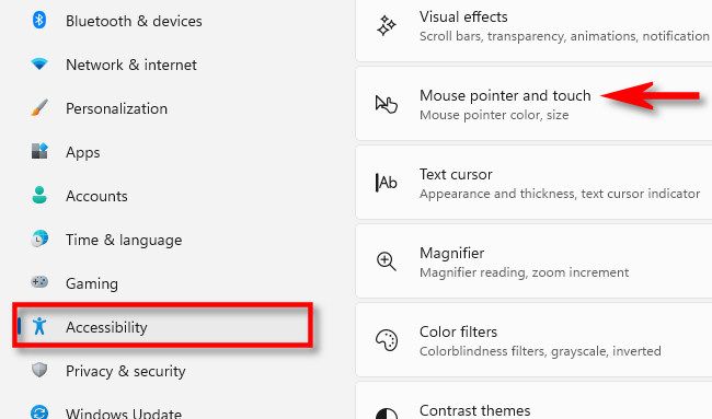 In Windows 11 Settings, click "Accessibility" in the sidebar, then select "Mouse Pointer and Touch."