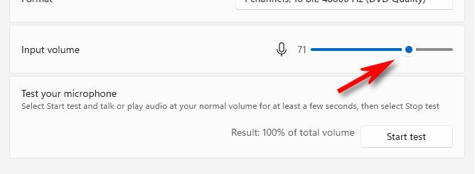 Adjust the microphone input volume with the slider.