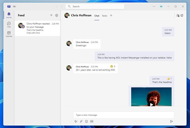 The full Teams app view of chat in Windows 11.