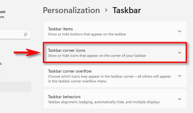 Click "Taskbar Corner Icons" to expand the menu.