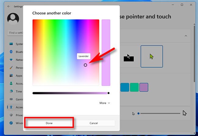 Use the color picker to select a custom color, then click "Done."