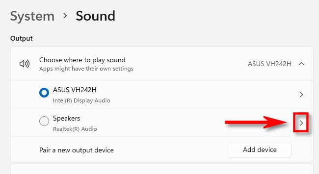 Click the caret arrow beside the sound device you want to configure.