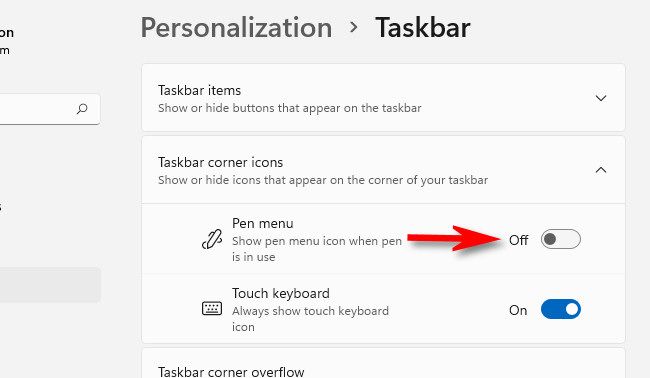 In Personalization > Taskbar, flip the switch beside "Pen Menu" to "Off."