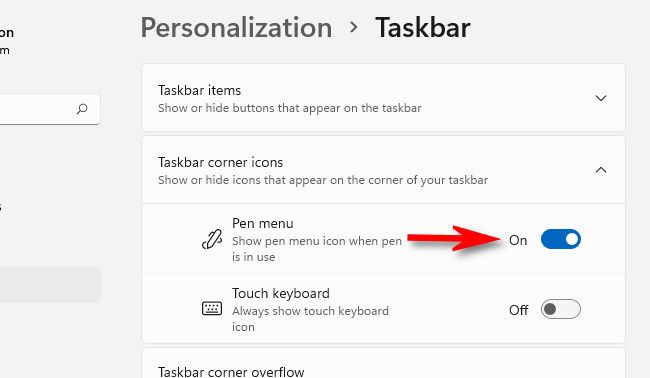 In Personalization > Taskbar, flip the switch beside "Pen Menu" to "On."