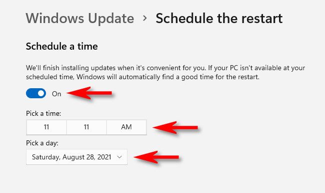 In "Schedule the Restart," flip the switch "On," then use the menus to set the date and time for the restart.