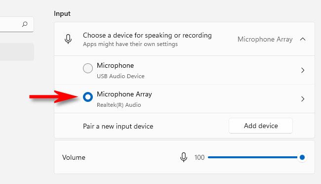 In Sound Input settings, select a microphone with the radio buttons.