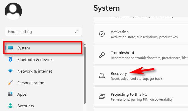 In Settings, click "System," then select "Recovery."