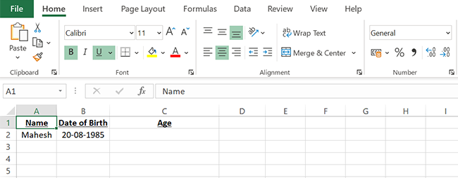 A sample spreadsheet to find age in years in Excel.