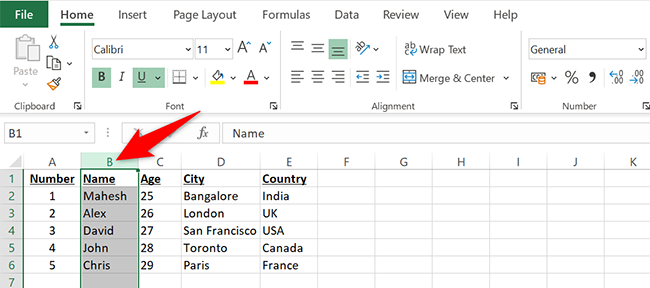 Select a column in Excel.