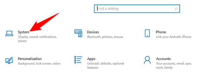 Click "System" in Settings on Windows 10.