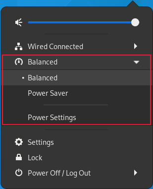GNOME Status menu with power options highlighted