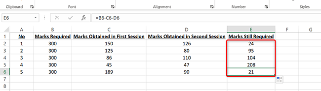 Multiple subtraction answers for all values in Excel.