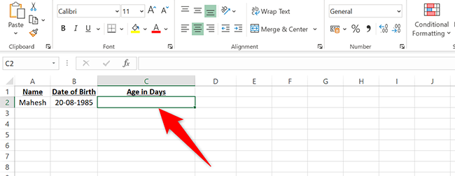 Click the C2 cell in the spreadsheet in Excel.