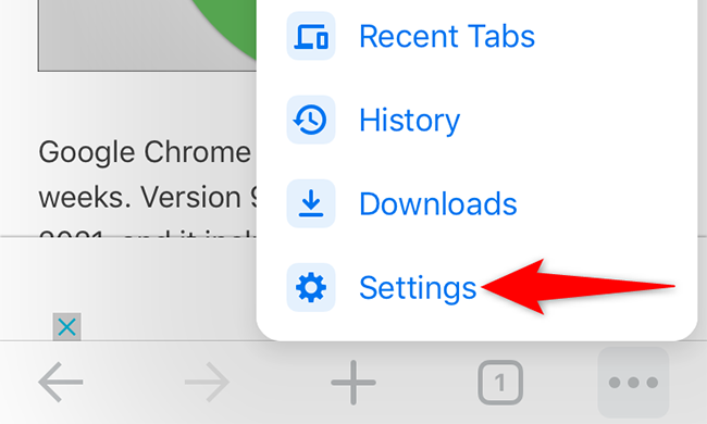 Select "Settings" from the three-dots menu in Chrome on iPhone.
