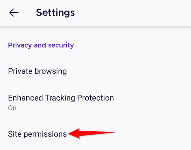 Tap "Site Permissions" on the "Settings" page in Firefox on Android.