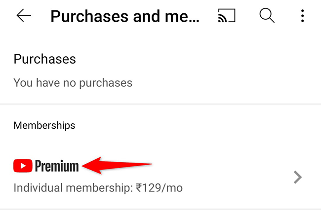 Tap "Premium" in the "Memberships" section in the YouTube app.