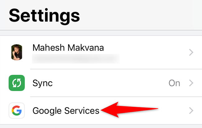 Tap "Google Services" on the "Settings" page in Chrome on iPhone.