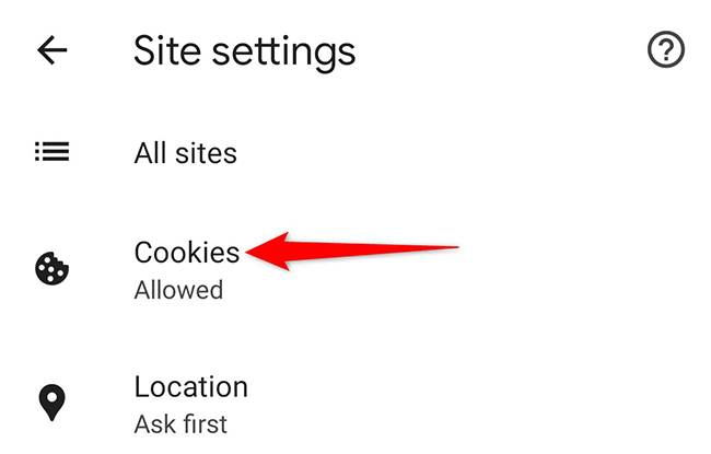 Tap "Cookies" on the "Site Settings" page in Chrome on mobile.