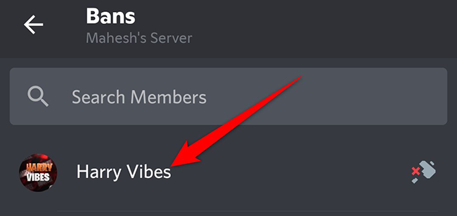 Select a user on the "Bans" screen in Discord on mobile.