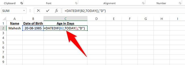 Type =DATEDIF(B2,TODAY(),"D") in the C2 cell in Excel.