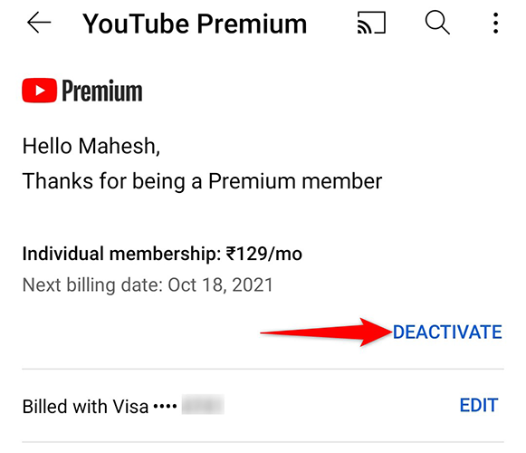 Tap "Deactivate" on the "YouTube Premium" page in the YouTube app.