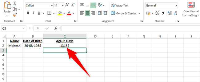 Age in days in Excel.